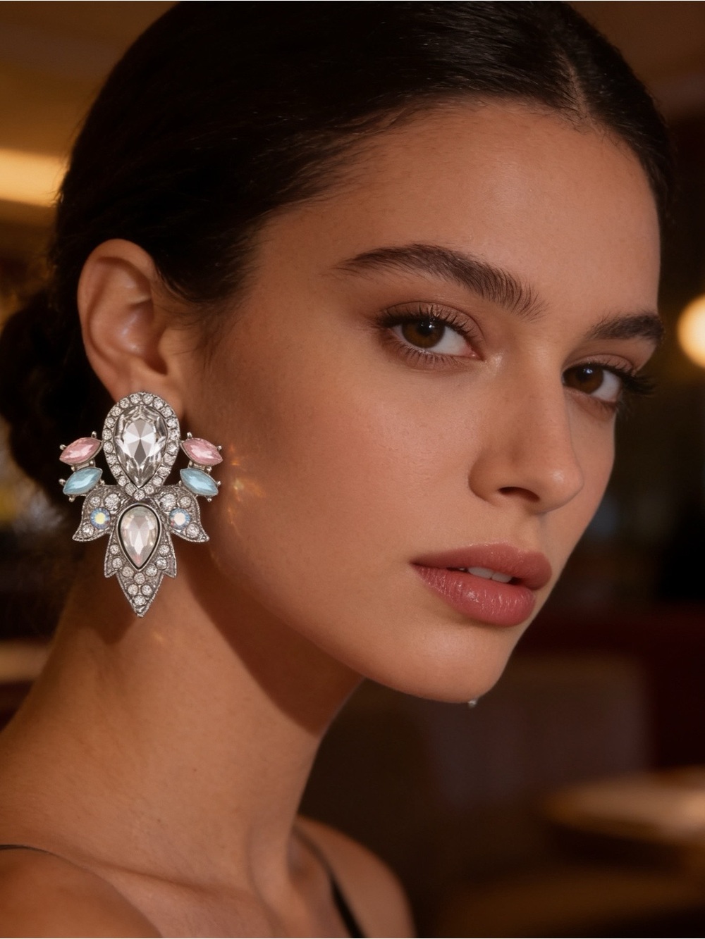 Silver Crystal Cluster Statement Earrings Pastel Rhinestones